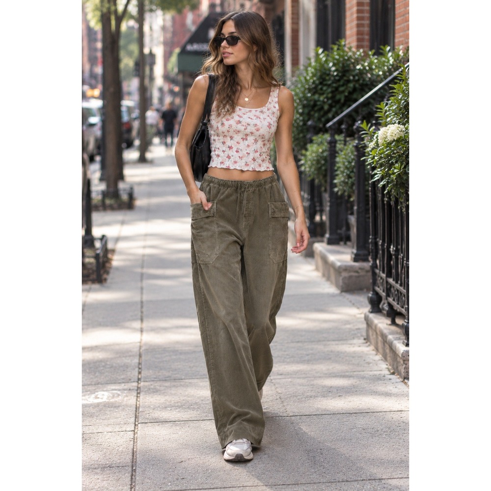 Kimchi Blue Womens Small Pants Olive Green Corduroy Wide Leg Drawstring
